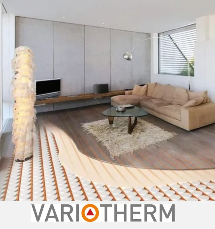 Variotherm underfloor heating system beneath modern living room floor